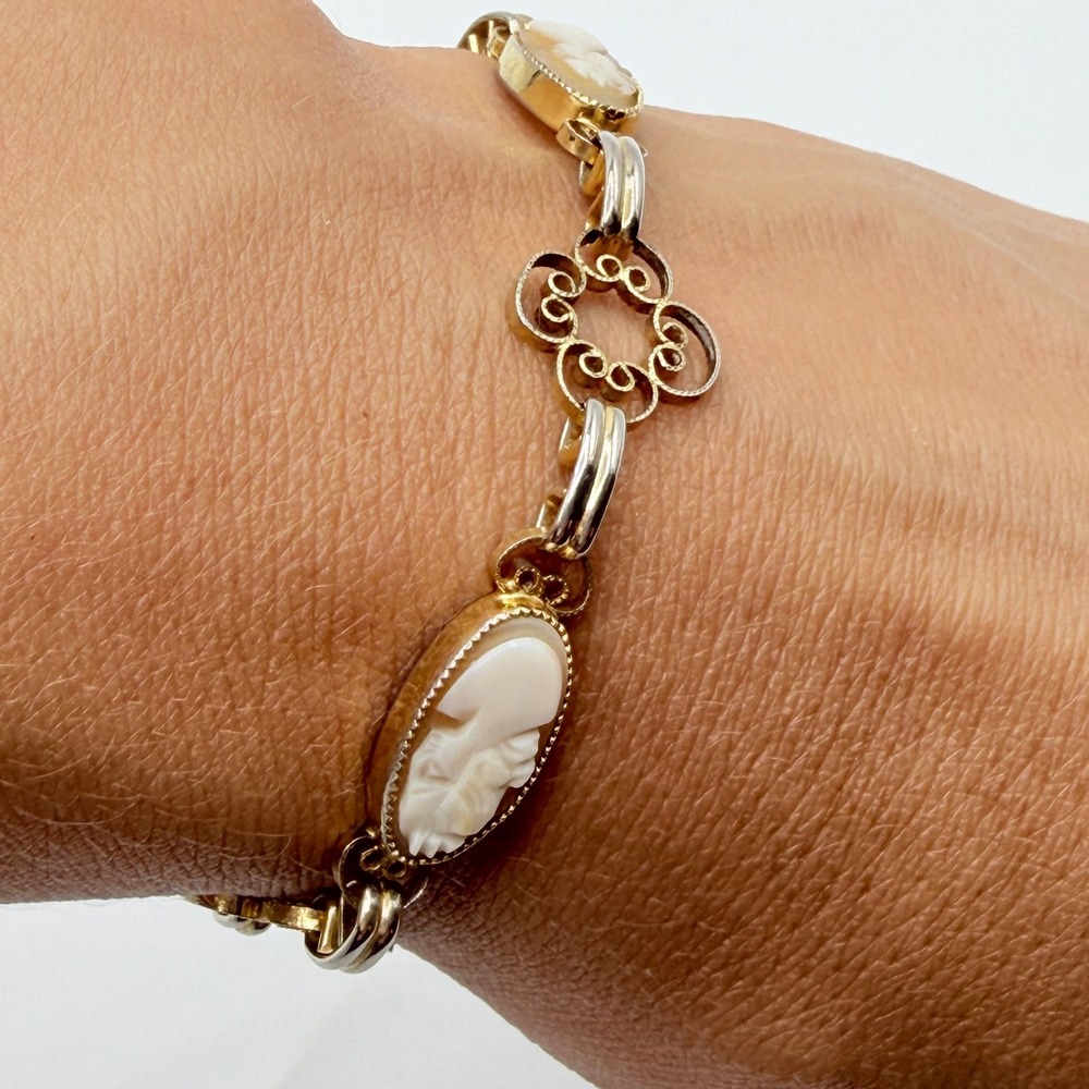 Vintage Two Tone Shell Cameo Link Bracelet Filigree Mixed Metal 6.75 Inch
